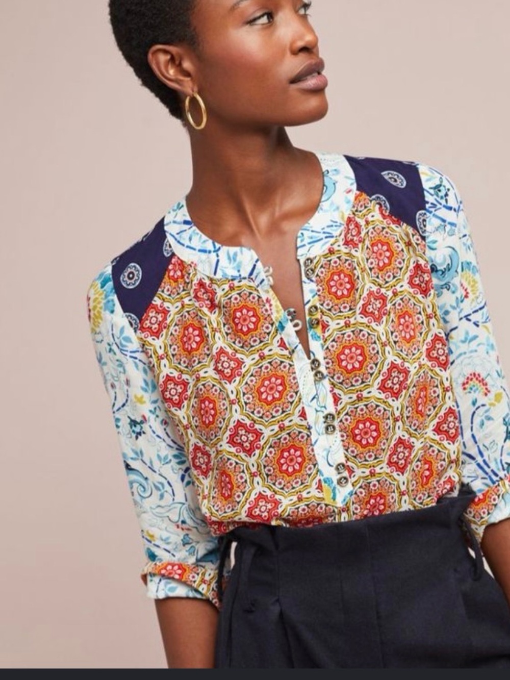 Maeve Anthropologie Mixed Print Boho Medallion Blouse Top Size 12
